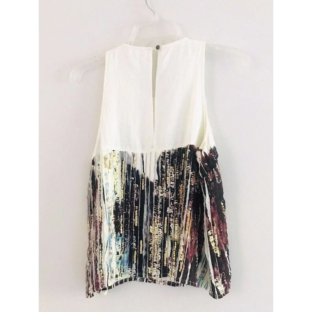 Anthropologie | Floreat Pleated Print Top Size 6 Beige Sequins Sleeveless